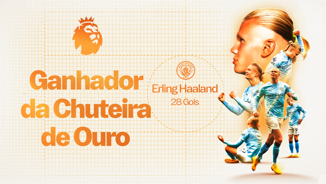Graphic featuring 'Ganhador da Chuteira de Ouro' with 28 goals by Erling Haaland for Manchester City in the Premier League. Includes Premier League logo and Manchester City crest.