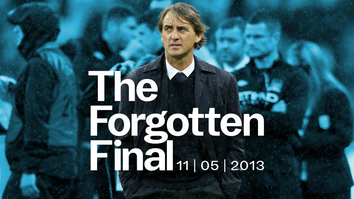Text 'The Forgotten Final 11 | 05 | 2013' over a blurred figure in a suit and overcoat. Background shows a crowd wearing sports attire.