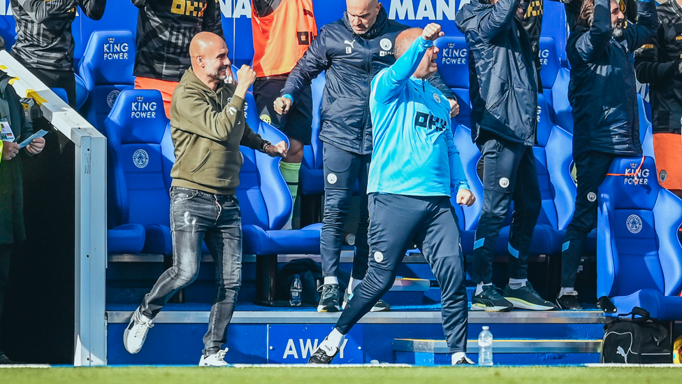 GAFFER APPROVES : The Boss celebrates De Bruyne's goal