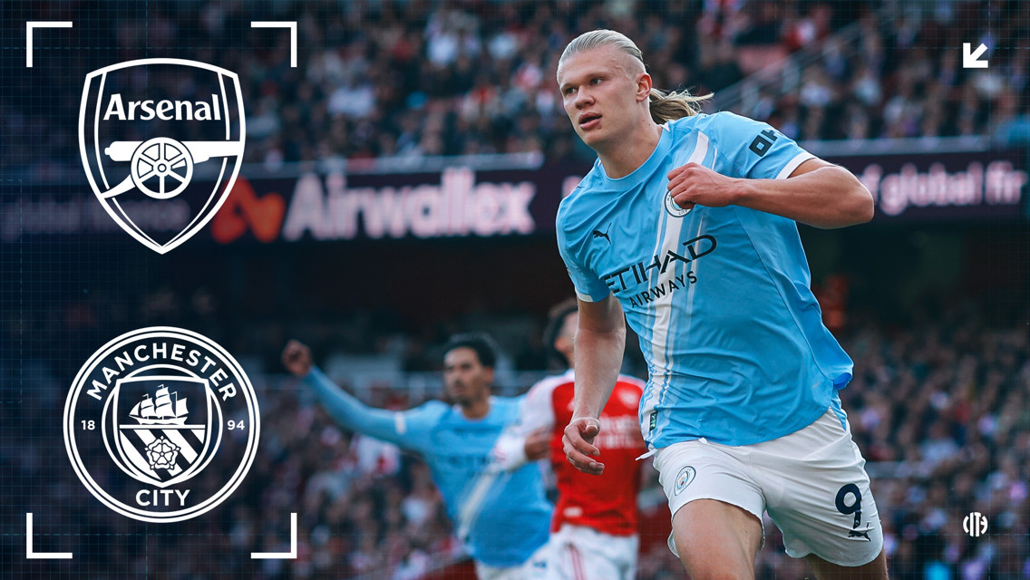 A Manchester City player in blue is in motion with Arsenal and Manchester City logos present.