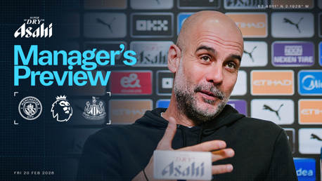 A graphic promoting a 'Manager's Preview' for a Premier League match between Manchester City and Newcastle United on Fri 20 Feb 2026. Sponsored by Asahi. Coordinates: 53.4811° N, 2.1928° W.