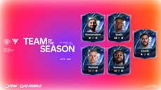 Promotional graphic for EA Sports FC Team of the Season voting featuring players with blurred faces and their names: Donnarumma, Guéhi, Cherki, Haaland, Semenyo.