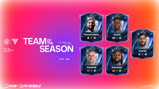 Promotional graphic for EA Sports FC Team of the Season voting featuring players with blurred faces and their names: Donnarumma, Guéhi, Cherki, Haaland, Semenyo.