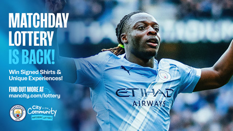 Promotional image for Manchester City's Matchday Lottery offering signed shirts and unique experiences. Includes Manchester City's logo and website URL for more information.
