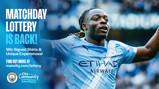 Promotional image for Manchester City's Matchday Lottery offering signed shirts and unique experiences. Includes Manchester City's logo and website URL for more information.