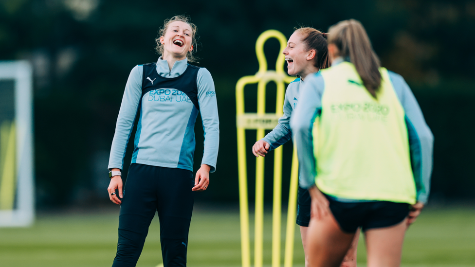 PEARLY WHITES : Ellen White and Keira Walsh share a laugh