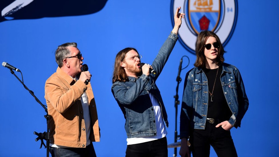 MUSICAL TWIST : Tom and Joe from Blossoms joined The Smith's Mike Joyce on stage before the players arrived.