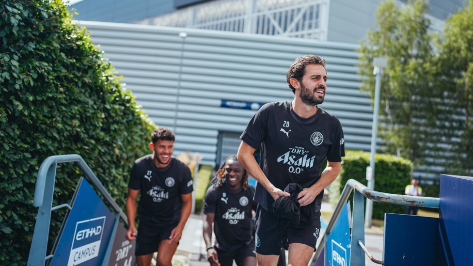 LEADING THE WAY : New captain Bernardo Silva leads out the players
