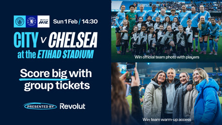 Promotional image for City vs Chelsea match at the Etihad Stadium on Sun 1 Feb at 14:30. Features logos, group ticket offer, and prize details presented by Revolut.