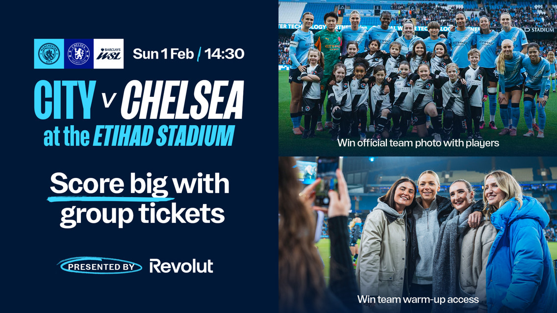 Promotional image for City vs Chelsea match at the Etihad Stadium on Sun 1 Feb at 14:30. Features logos, group ticket offer, and prize details presented by Revolut.