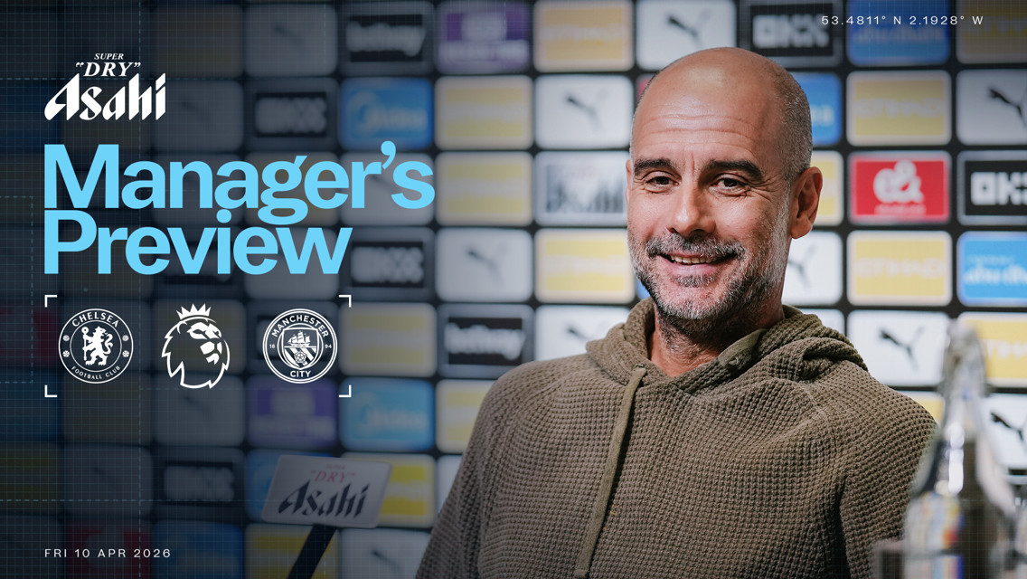 Football manager's preview for upcoming match between Chelsea and Manchester City, featuring club logos and Premier League branding. Sponsored by Asahi, dated April 10, 2026.