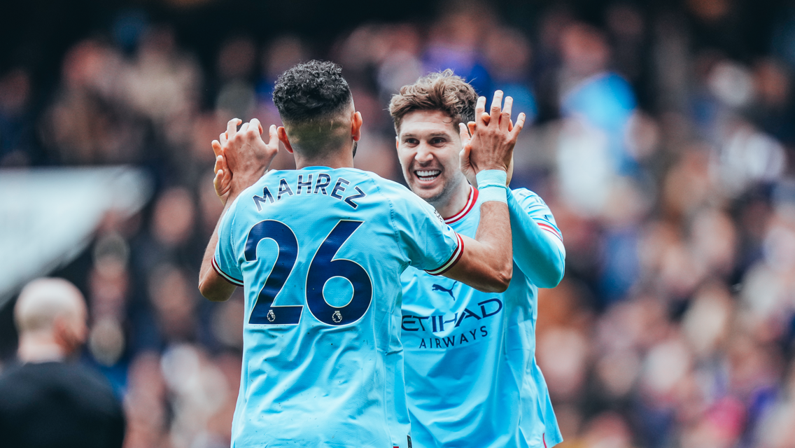 HISTORY MAKER: Stones congratulates Mahrez after his assist sees him become the all-time PL assist leader for Africans.