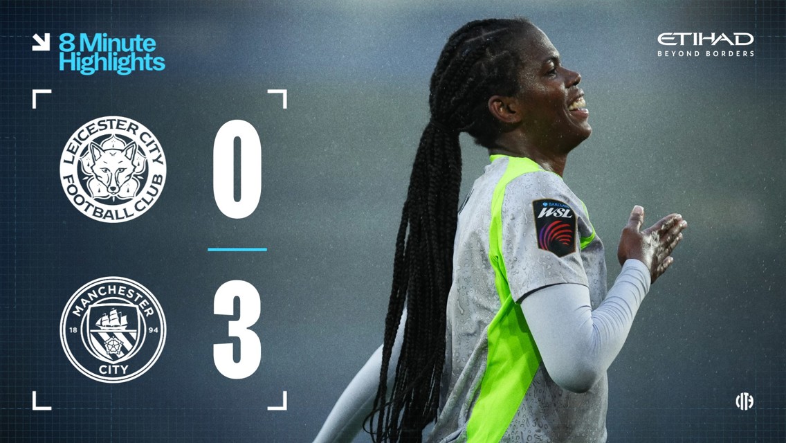 An image showing the result of a women's football match between Leicester City and Manchester City, ending 0-3 in favor of Manchester City. The logos of both clubs and details about the Barclays Women's Super League are visible.