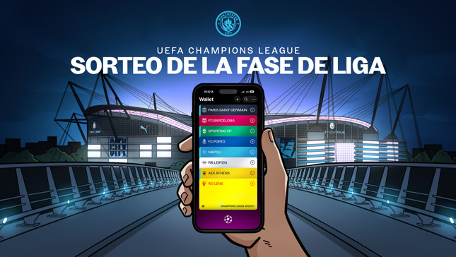 Illustration of a UEFA Champions League group stage draw with a hand holding a smartphone displaying match-ups. The background shows the Etihad Stadium at night, with Manchester City branding.