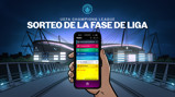 Illustration of a UEFA Champions League group stage draw with a hand holding a smartphone displaying match-ups. The background shows the Etihad Stadium at night, with Manchester City branding.