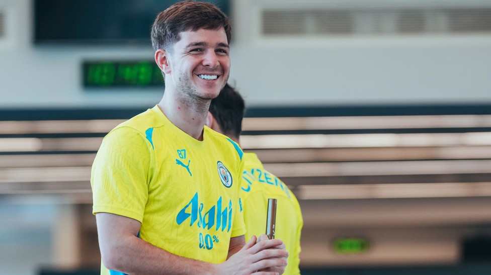 MACCY J: James McAtee shares a joke in the gym