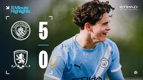 The image features Manchester City's logo next to the score '5' and Middlesbrough's logo next to the score '0'. A blurred player in Manchester City's blue jersey takes up the background.