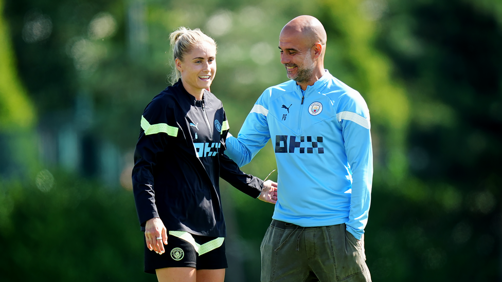 CAPTAIN FANTASTIC : Guardiola chats with captain Steph Houghton