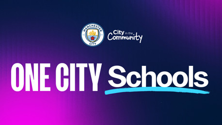 Manchester City FC City in the Community logo with 'ONE CITY Schools' text on a purple background