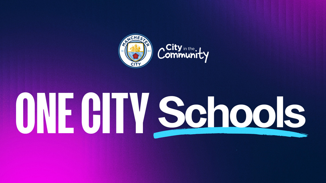 Manchester City FC City in the Community logo with 'ONE CITY Schools' text on a purple background
