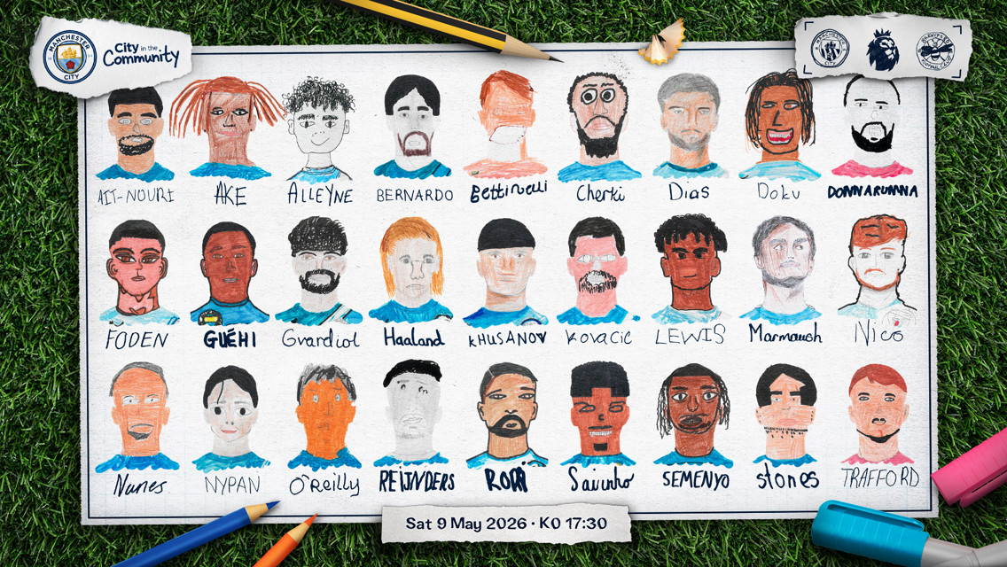 A whimsical drawing representing Manchester City's team lineup, including names like Haaland, Foden, and others, features a match date against Brentford on 9 May 2026.