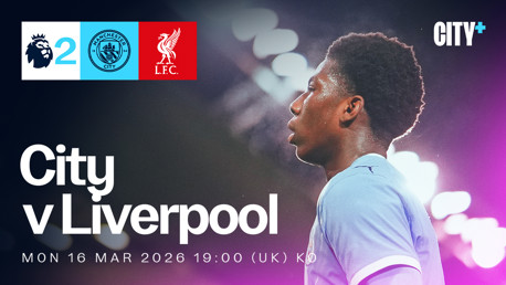 Premier League match announcement: Manchester City vs Liverpool on Monday, March 16, 2026, at 19:00 UK time. Manchester City and Liverpool logos are displayed with a blurred player in the foreground.