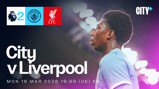 Premier League match announcement: Manchester City vs Liverpool on Monday, March 16, 2026, at 19:00 UK time. Manchester City and Liverpool logos are displayed with a blurred player in the foreground.