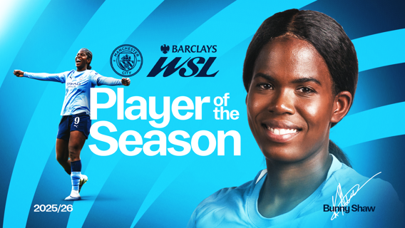 Graphic celebrating the Barclays WSL Player of the Season from Manchester City for 2025/26, featuring the team's logo and player silhouette.