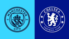Split image featuring Manchester City and Chelsea football club logos. The Manchester City logo includes a ship and a red rose on a light blue background. The Chelsea logo displays a lion holding a staff on a dark blue background.